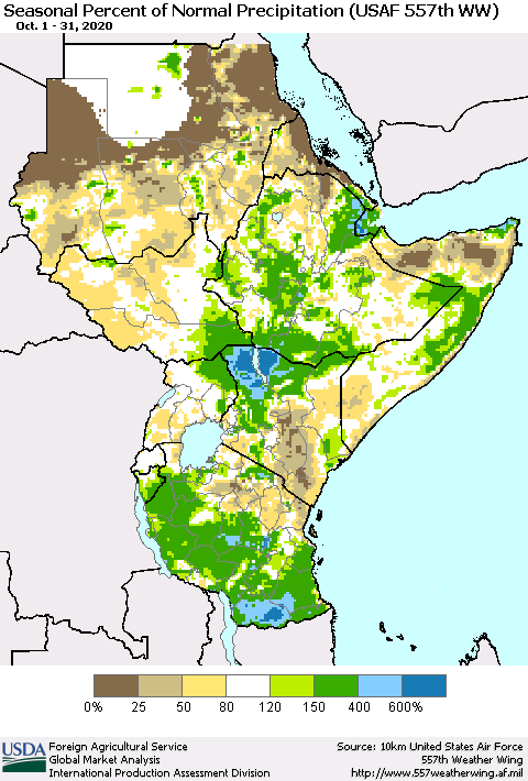 Eastern Africa Seasonal Percent of Normal Precipitation (USAF 557th WW) Thematic Map For 10/1/2020 - 10/31/2020
