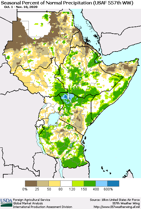 Eastern Africa Seasonal Percent of Normal Precipitation (USAF 557th WW) Thematic Map For 10/1/2020 - 11/10/2020