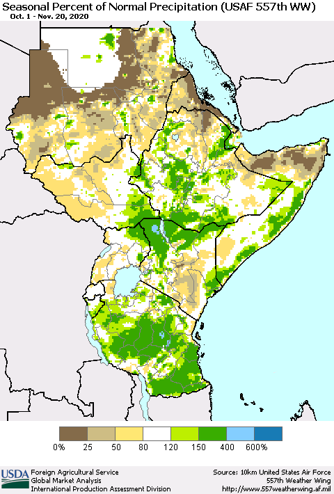 Eastern Africa Seasonal Percent of Normal Precipitation (USAF 557th WW) Thematic Map For 10/1/2020 - 11/20/2020