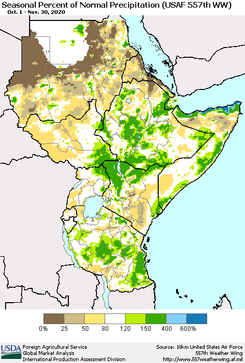 Eastern Africa Seasonal Percent of Normal Precipitation (USAF 557th WW) Thematic Map For 10/1/2020 - 11/30/2020