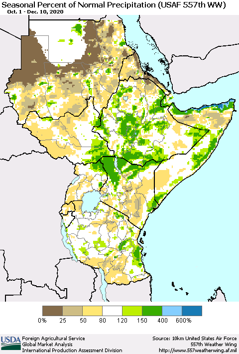 Eastern Africa Seasonal Percent of Normal Precipitation (USAF 557th WW) Thematic Map For 10/1/2020 - 12/10/2020