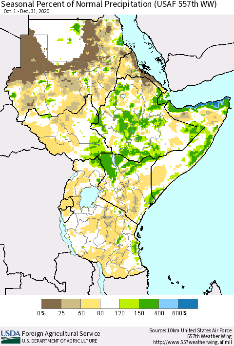 Eastern Africa Seasonal Percent of Normal Precipitation (USAF 557th WW) Thematic Map For 10/1/2020 - 12/31/2020
