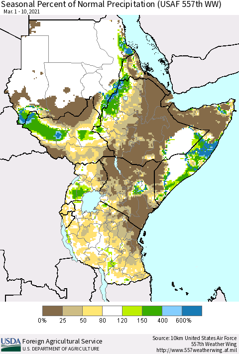 Eastern Africa Seasonal Percent of Normal Precipitation (USAF 557th WW) Thematic Map For 3/1/2021 - 3/10/2021