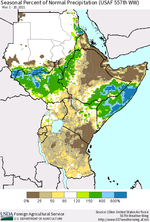 Eastern Africa Seasonal Percent of Normal Precipitation (USAF 557th WW) Thematic Map For 3/1/2021 - 3/20/2021
