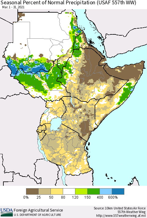 Eastern Africa Seasonal Percent of Normal Precipitation (USAF 557th WW) Thematic Map For 3/1/2021 - 3/31/2021
