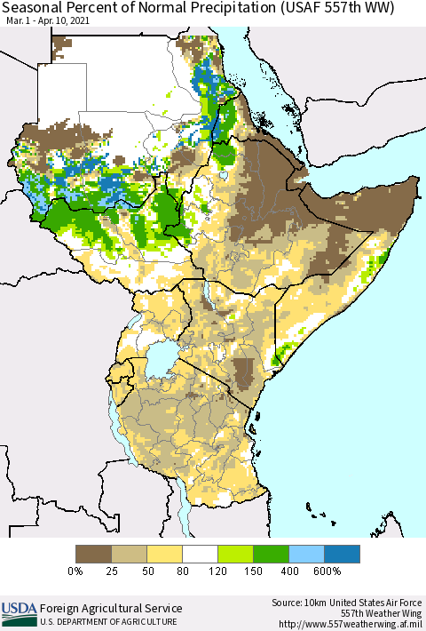 Eastern Africa Seasonal Percent of Normal Precipitation (USAF 557th WW) Thematic Map For 3/1/2021 - 4/10/2021