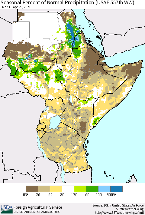 Eastern Africa Seasonal Percent of Normal Precipitation (USAF 557th WW) Thematic Map For 3/1/2021 - 4/20/2021