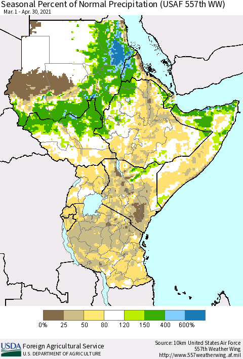 Eastern Africa Seasonal Percent of Normal Precipitation (USAF 557th WW) Thematic Map For 3/1/2021 - 4/30/2021