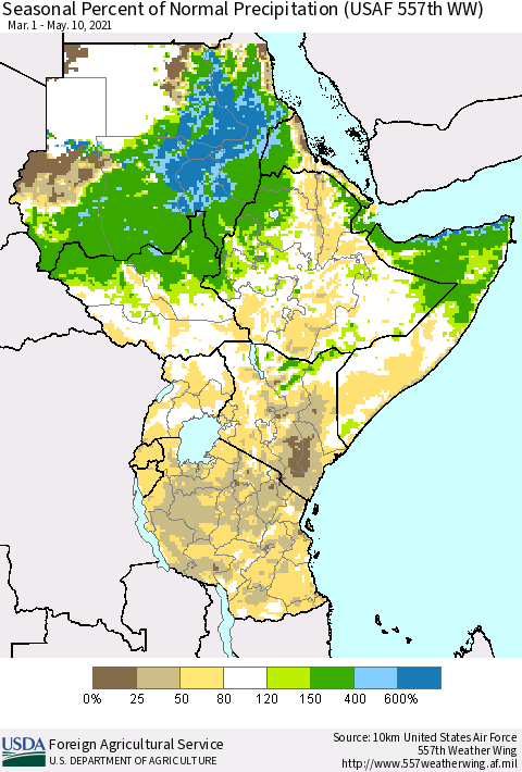 Eastern Africa Seasonal Percent of Normal Precipitation (USAF 557th WW) Thematic Map For 3/1/2021 - 5/10/2021