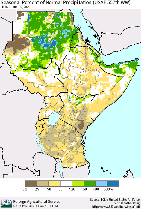 Eastern Africa Seasonal Percent of Normal Precipitation (USAF 557th WW) Thematic Map For 3/1/2021 - 6/10/2021