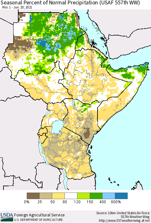 Eastern Africa Seasonal Percent of Normal Precipitation (USAF 557th WW) Thematic Map For 3/1/2021 - 6/20/2021