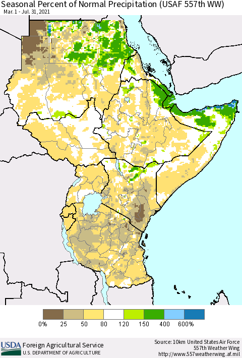 Eastern Africa Seasonal Percent of Normal Precipitation (USAF 557th WW) Thematic Map For 3/1/2021 - 7/31/2021