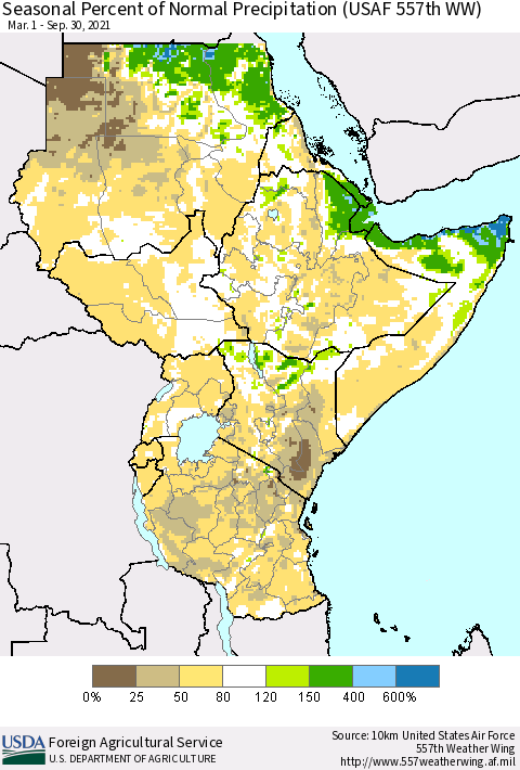 Eastern Africa Seasonal Percent of Normal Precipitation (USAF 557th WW) Thematic Map For 3/1/2021 - 9/30/2021