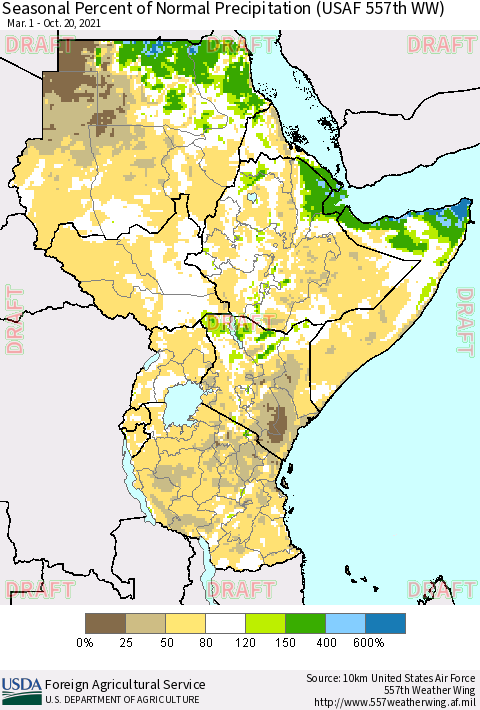 Eastern Africa Seasonal Percent of Normal Precipitation (USAF 557th WW) Thematic Map For 3/1/2021 - 10/20/2021