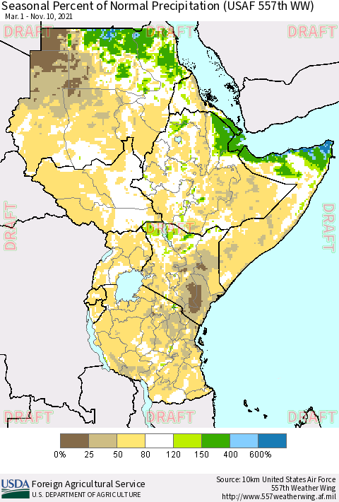 Eastern Africa Seasonal Percent of Normal Precipitation (USAF 557th WW) Thematic Map For 3/1/2021 - 11/10/2021