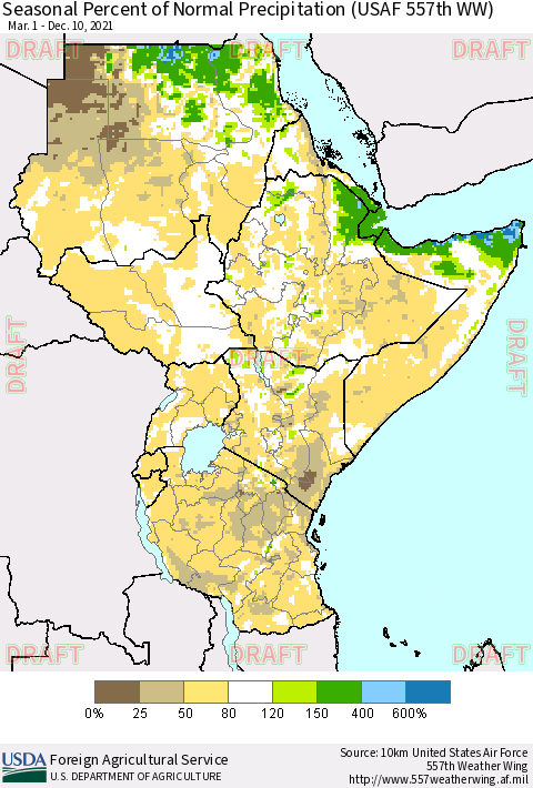 Eastern Africa Seasonal Percent of Normal Precipitation (USAF 557th WW) Thematic Map For 3/1/2021 - 12/10/2021