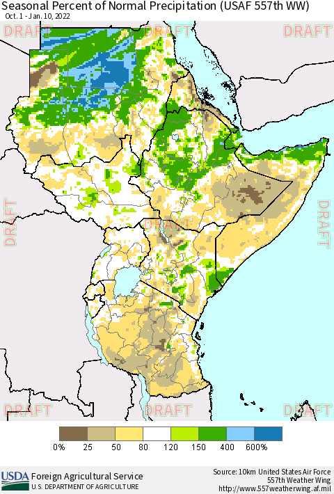 Eastern Africa Seasonal Percent of Normal Precipitation (USAF 557th WW) Thematic Map For 10/1/2021 - 1/10/2022