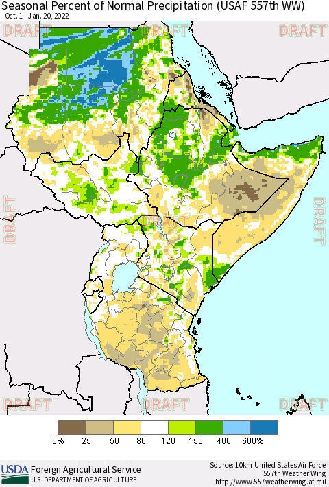 Eastern Africa Seasonal Percent of Normal Precipitation (USAF 557th WW) Thematic Map For 10/1/2021 - 1/20/2022