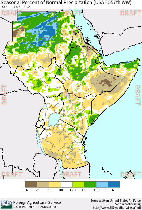 Eastern Africa Seasonal Percent of Normal Precipitation (USAF 557th WW) Thematic Map For 10/1/2021 - 1/31/2022