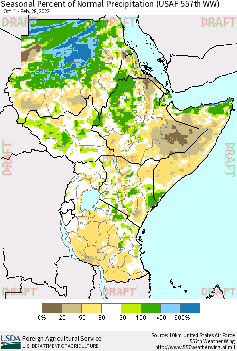 Eastern Africa Seasonal Percent of Normal Precipitation (USAF 557th WW) Thematic Map For 10/1/2021 - 2/28/2022