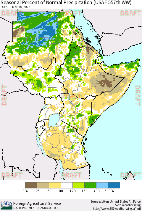 Eastern Africa Seasonal Percent of Normal Precipitation (USAF 557th WW) Thematic Map For 10/1/2021 - 3/10/2022