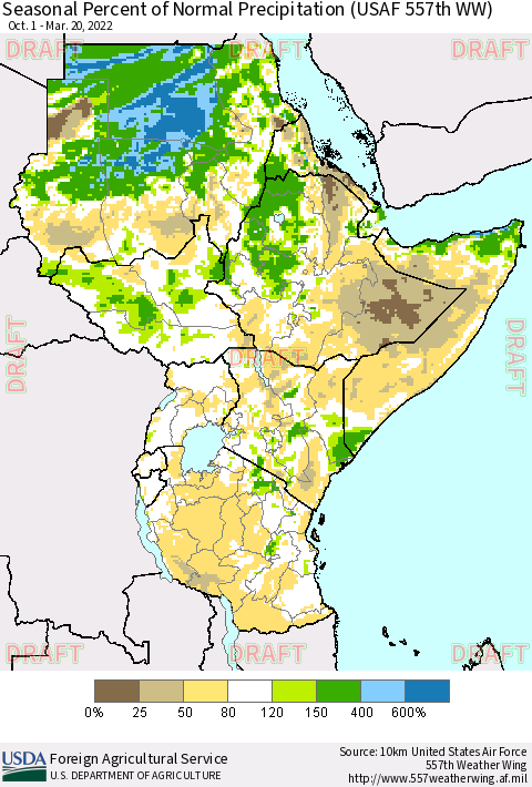 Eastern Africa Seasonal Percent of Normal Precipitation (USAF 557th WW) Thematic Map For 10/1/2021 - 3/20/2022