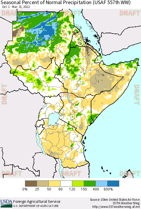 Eastern Africa Seasonal Percent of Normal Precipitation (USAF 557th WW) Thematic Map For 10/1/2021 - 3/31/2022