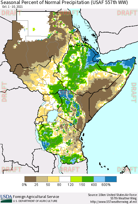 Eastern Africa Seasonal Percent of Normal Precipitation (USAF 557th WW) Thematic Map For 10/1/2021 - 10/10/2021