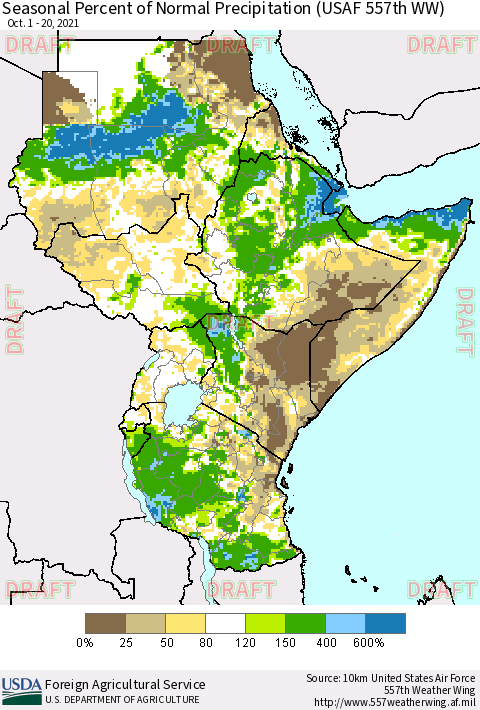Eastern Africa Seasonal Percent of Normal Precipitation (USAF 557th WW) Thematic Map For 10/1/2021 - 10/20/2021