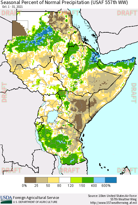 Eastern Africa Seasonal Percent of Normal Precipitation (USAF 557th WW) Thematic Map For 10/1/2021 - 10/31/2021