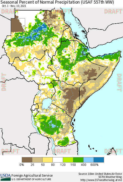 Eastern Africa Seasonal Percent of Normal Precipitation (USAF 557th WW) Thematic Map For 10/1/2021 - 11/10/2021