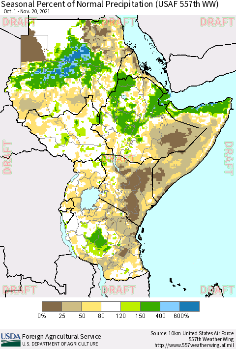 Eastern Africa Seasonal Percent of Normal Precipitation (USAF 557th WW) Thematic Map For 10/1/2021 - 11/20/2021