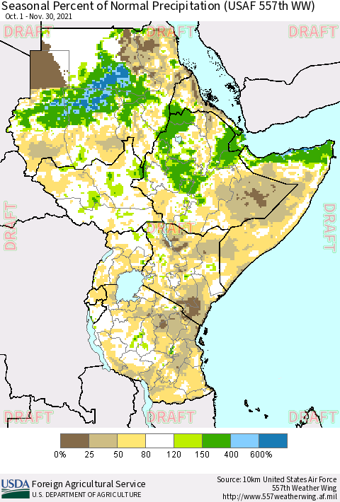 Eastern Africa Seasonal Percent of Normal Precipitation (USAF 557th WW) Thematic Map For 10/1/2021 - 11/30/2021