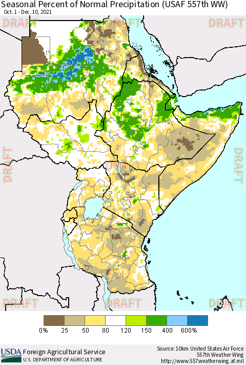 Eastern Africa Seasonal Percent of Normal Precipitation (USAF 557th WW) Thematic Map For 10/1/2021 - 12/10/2021
