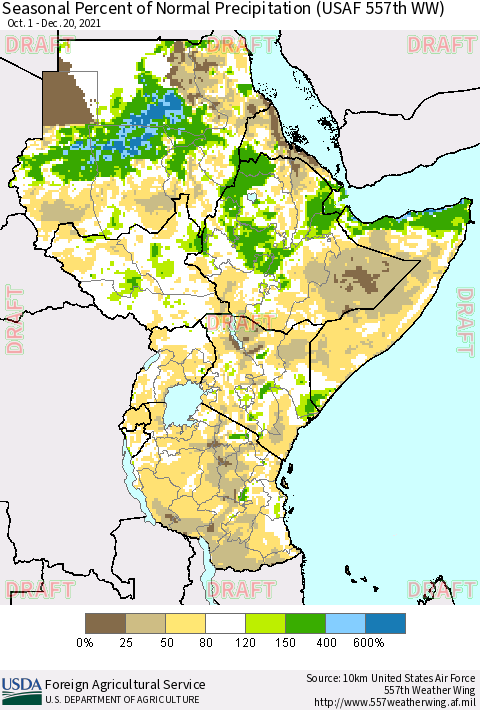 Eastern Africa Seasonal Percent of Normal Precipitation (USAF 557th WW) Thematic Map For 10/1/2021 - 12/20/2021