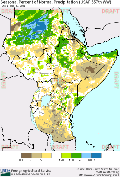 Eastern Africa Seasonal Percent of Normal Precipitation (USAF 557th WW) Thematic Map For 10/1/2021 - 12/31/2021