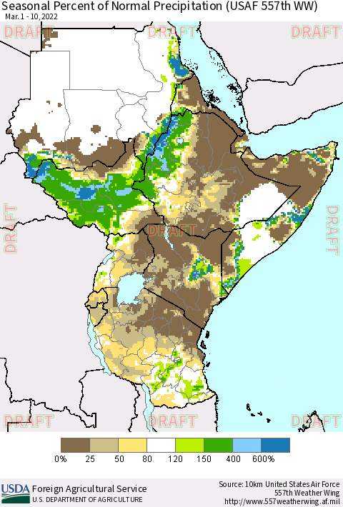 Eastern Africa Seasonal Percent of Normal Precipitation (USAF 557th WW) Thematic Map For 3/1/2022 - 3/10/2022