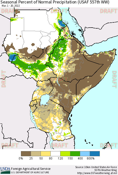 Eastern Africa Seasonal Percent of Normal Precipitation (USAF 557th WW) Thematic Map For 3/1/2022 - 3/20/2022