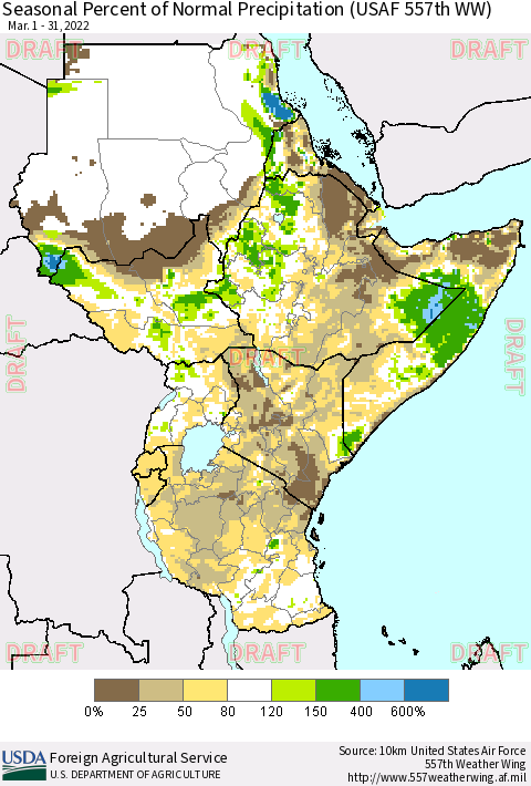 Eastern Africa Seasonal Percent of Normal Precipitation (USAF 557th WW) Thematic Map For 3/1/2022 - 3/31/2022