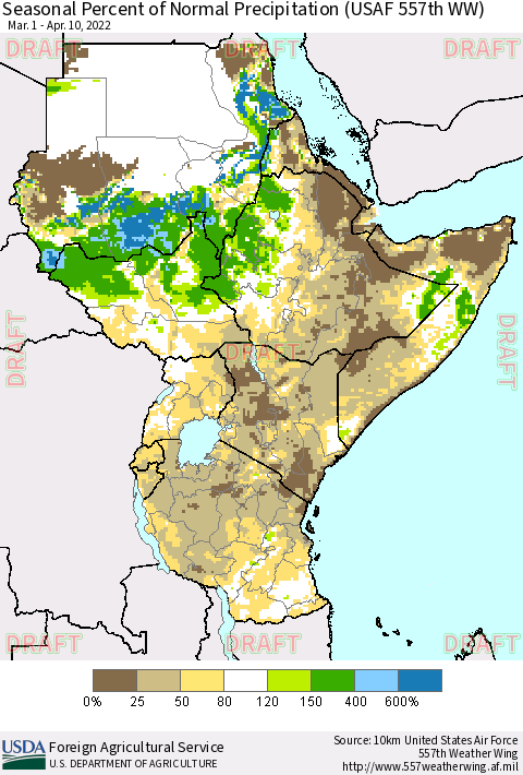 Eastern Africa Seasonal Percent of Normal Precipitation (USAF 557th WW) Thematic Map For 3/1/2022 - 4/10/2022