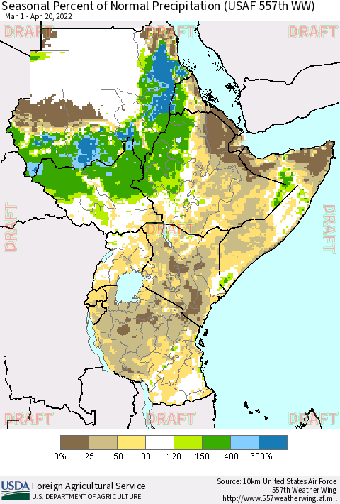 Eastern Africa Seasonal Percent of Normal Precipitation (USAF 557th WW) Thematic Map For 3/1/2022 - 4/20/2022