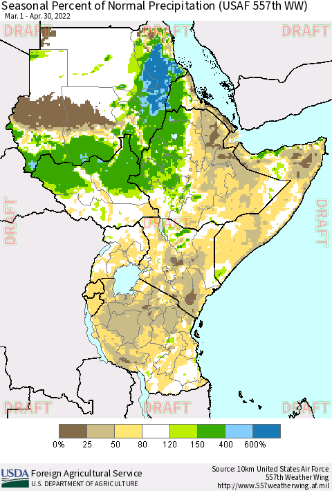 Eastern Africa Seasonal Percent of Normal Precipitation (USAF 557th WW) Thematic Map For 3/1/2022 - 4/30/2022