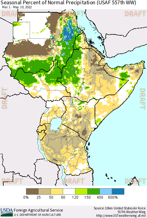 Eastern Africa Seasonal Percent of Normal Precipitation (USAF 557th WW) Thematic Map For 3/1/2022 - 5/10/2022