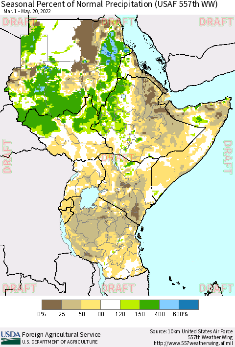 Eastern Africa Seasonal Percent of Normal Precipitation (USAF 557th WW) Thematic Map For 3/1/2022 - 5/20/2022