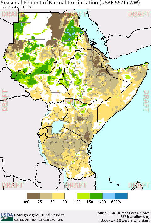 Eastern Africa Seasonal Percent of Normal Precipitation (USAF 557th WW) Thematic Map For 3/1/2022 - 5/31/2022
