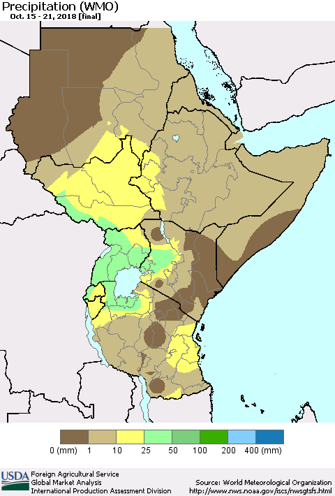 Eastern Africa Precipitation (WMO) Thematic Map For 10/15/2018 - 10/21/2018