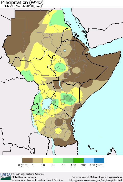 Eastern Africa Precipitation (WMO) Thematic Map For 10/29/2018 - 11/4/2018