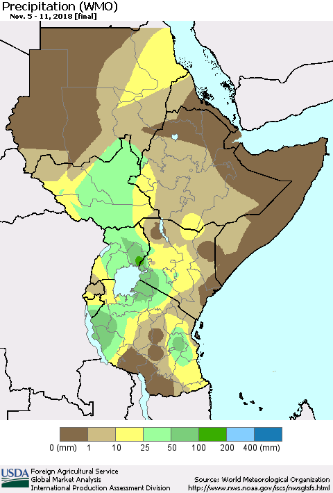 Eastern Africa Precipitation (WMO) Thematic Map For 11/5/2018 - 11/11/2018