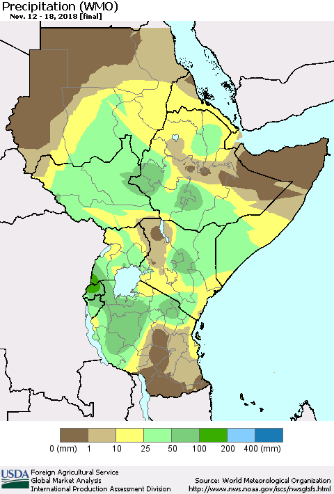 Eastern Africa Precipitation (WMO) Thematic Map For 11/12/2018 - 11/18/2018