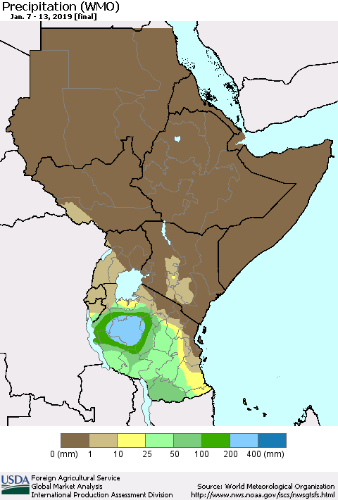 Eastern Africa Precipitation (WMO) Thematic Map For 1/7/2019 - 1/13/2019